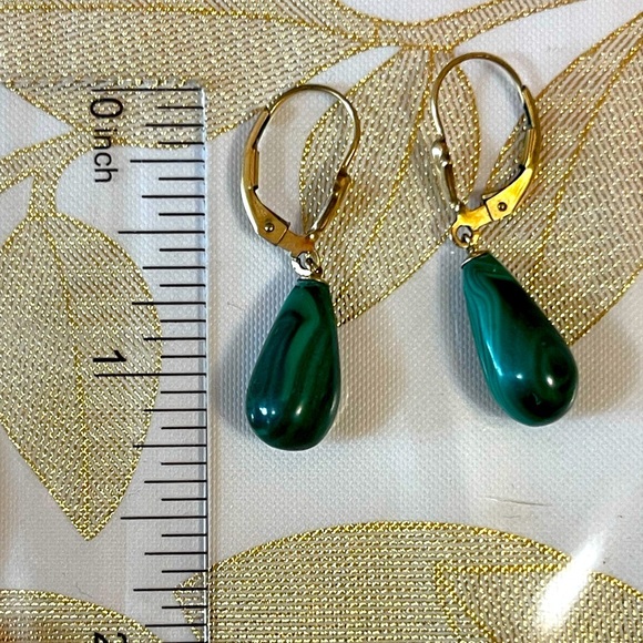 Set Of 2 Green Malachite Gemstone Necklace 17” Earrings 1”  14k gold over silver - Picture 6 of 8